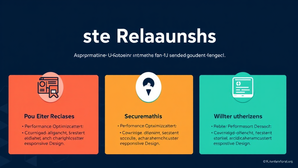 Grafik eines Website-Relaunchs, die Performance-Optimierung, Sicherheitsmaßnahmen und mobile Anpassungen wie responsive Design hervorhebt.