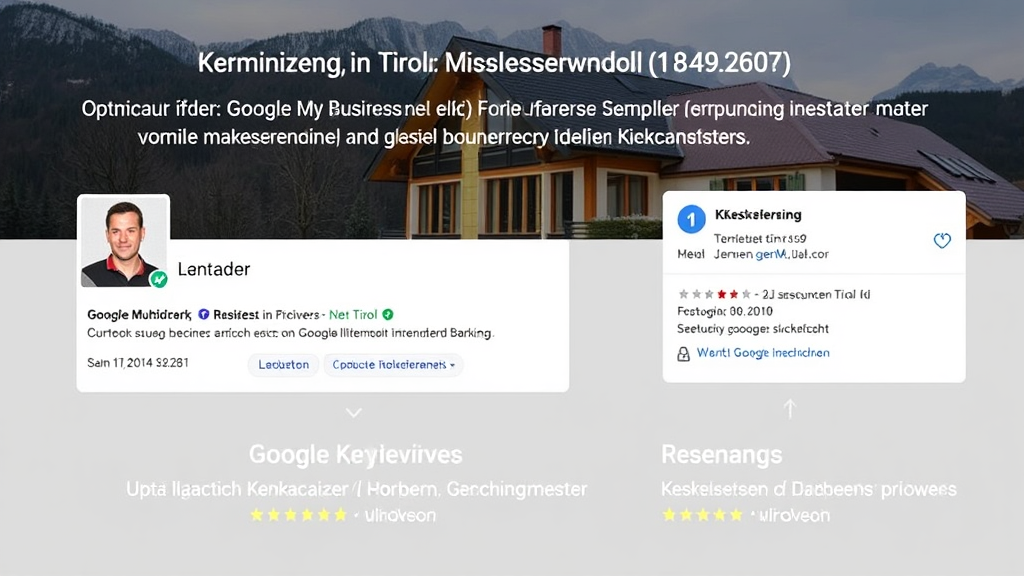 Grafik eines optimierten Google My Business-Profils mit Kontaktinformationen, passender lokaler Suchanfrage und Kundenbewertungen für einen Schlüsseldienst in Tirol.