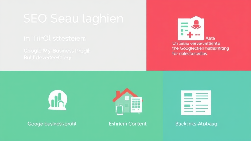 Grafik mit SEO-Strategien für Gebäudeverwalter in Tirol, einschließlich Keyword-Recherche, Google My Business-Profil, hochwertigem Content und Backlink-Aufbau.