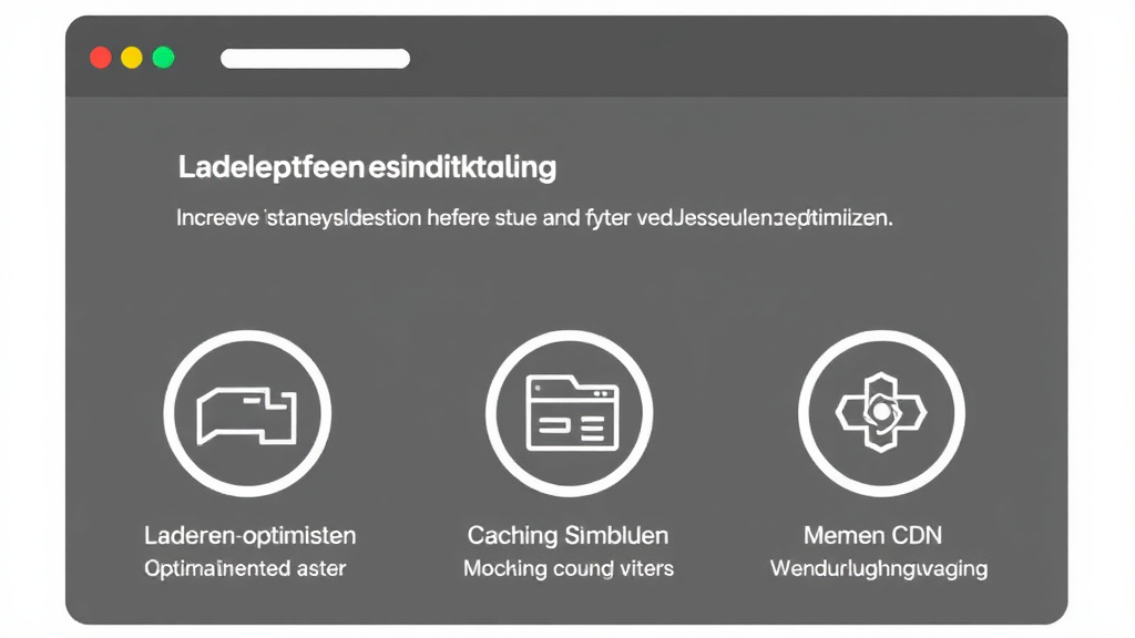 Grafische Darstellung einer Webseite mit Ladegeschwindigkeitsindikationen, optimierten Bildern, Caching-Symbolen und einem CDN zur Veranschaulichung der Leistungsoptimierung.