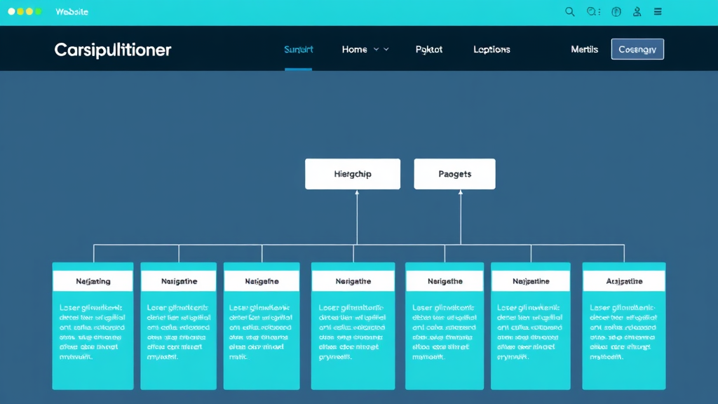 Grafische Darstellung einer Website mit klarer Navigation, Hierarchie der Seiten und internen Verlinkungen, die Benutzerfreundlichkeit und SEO-Optimierung zeigen.