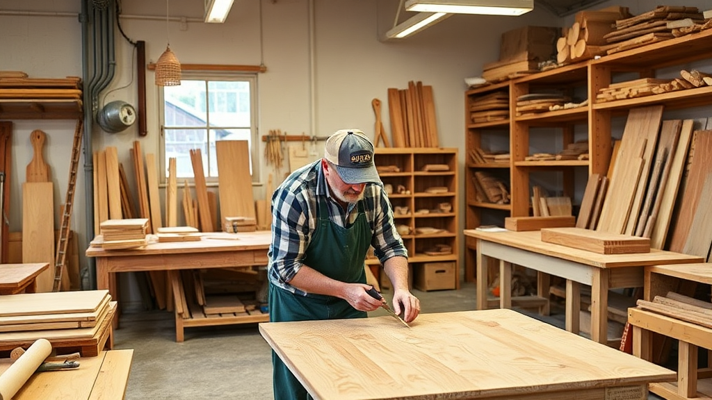 Handwerker bei der Arbeit in einer Tischlerei, umgeben von Holz, Werkzeugen und maßgefertigten Möbelstücken, während ein kundenfreundliches Ambiente vermittelt wird.
