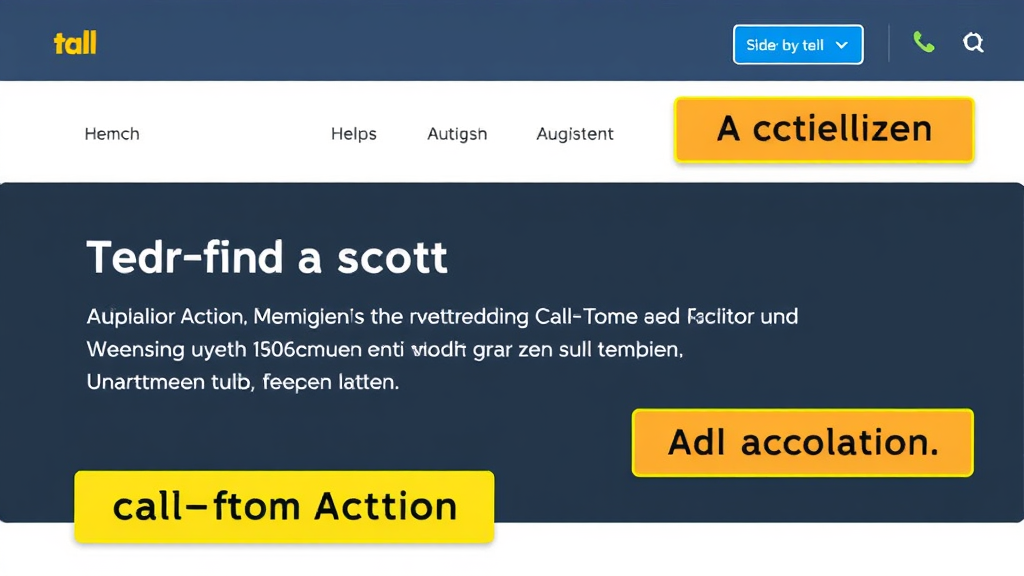 Illustration einer Startseite mit hervorgehobenen Call-to-Action-Buttons in auffälligen Farben und strategischer Platzierung, um Besucher zu Handlungen zu motivieren.