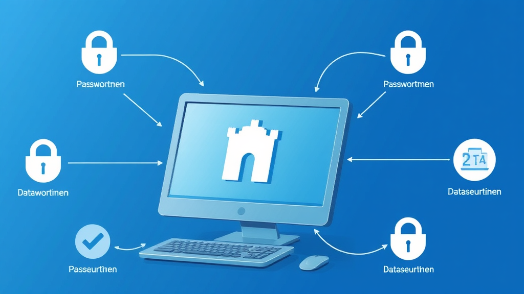 Illustration eines Computers mit einem Schloss-Symbol, umgeben von Sicherheits- und Datenschutz-Elementen wie Passwörtern, 2FA und Datensicherheitsrichtlinien.