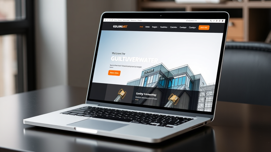 Moderne Webdesign-Darstellung auf einem Laptop mit responsiver Benutzeroberfläche, die für Gebäudeverwalter optimiert ist, inklusive Mobilansicht und SEO-Elementen.