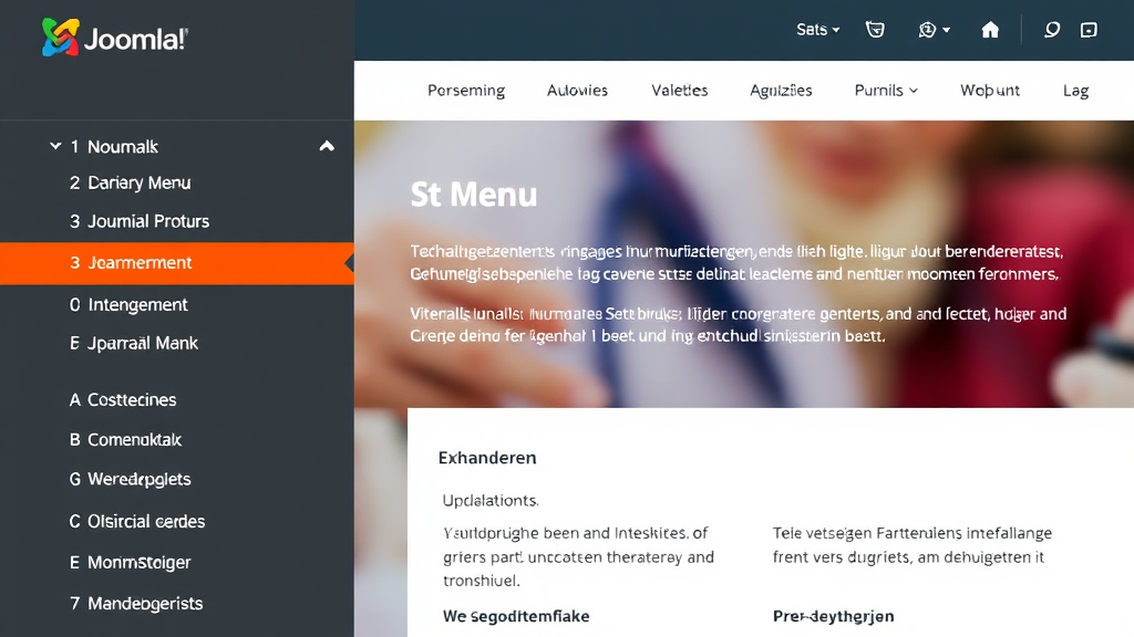 Screenshot einer Joomla!-Website mit mehrsprachigem Menü, verschiedenen Erweiterungen und einer intuitiven Benutzeroberfläche zur Inhaltserstellung und -verwaltung.