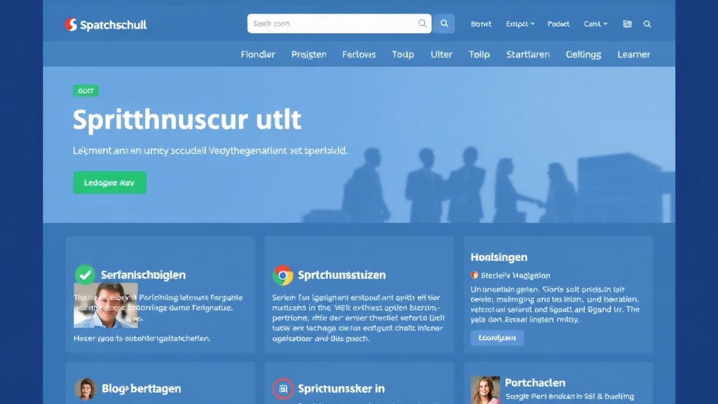 Screenshot einer Sprachschul-Website mit klarer Navigation, mehrsprachigen Angeboten, Blogbeiträgen und multimedialen Inhalten zur Nutzerbindung.