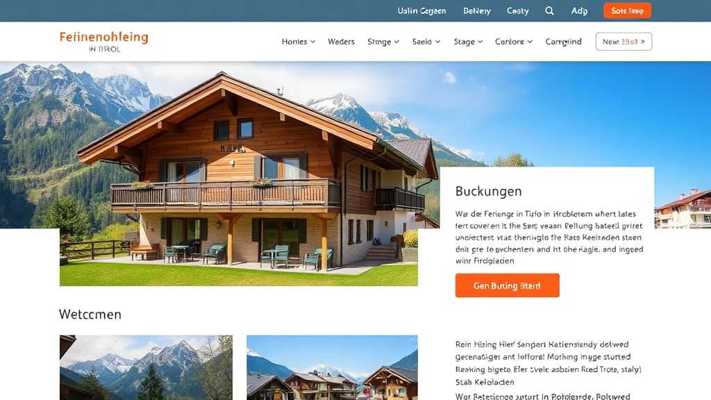 Screenshot einer ansprechenden Website für eine Ferienwohnung in Tirol, zeigt Bilder der Unterkunft, Buchungsoptionen und Informationen zur Umgebung.
