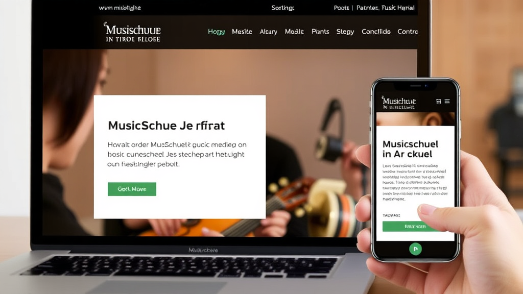 Screenshot einer modernen, mobiloptimierten Website einer Musikschule in Tirol, mit übersichtlichem Design, klarer Navigation und Verlinkungen zu Social Media.