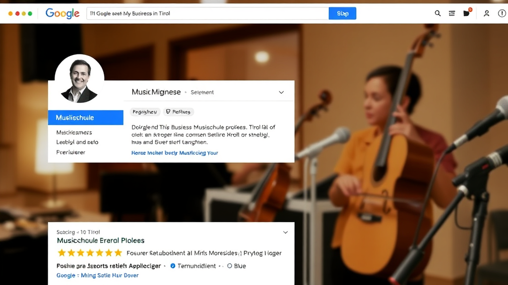 Screenshot einer optimierten Website einer Musikschule in Tirol, mit Google My Business-Profil, lokal relevanten Keywords und positiven Kundenbewertungen.