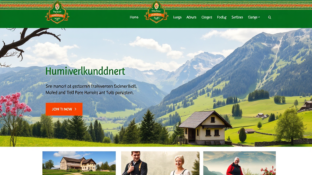Webdesign für einen Handwerksbetrieb in Tirol mit traditionellen Farben, regionalen Motiven und Bildern der Tiroler Landschaft, die Heimatverbundenheit ausstrahlen.
