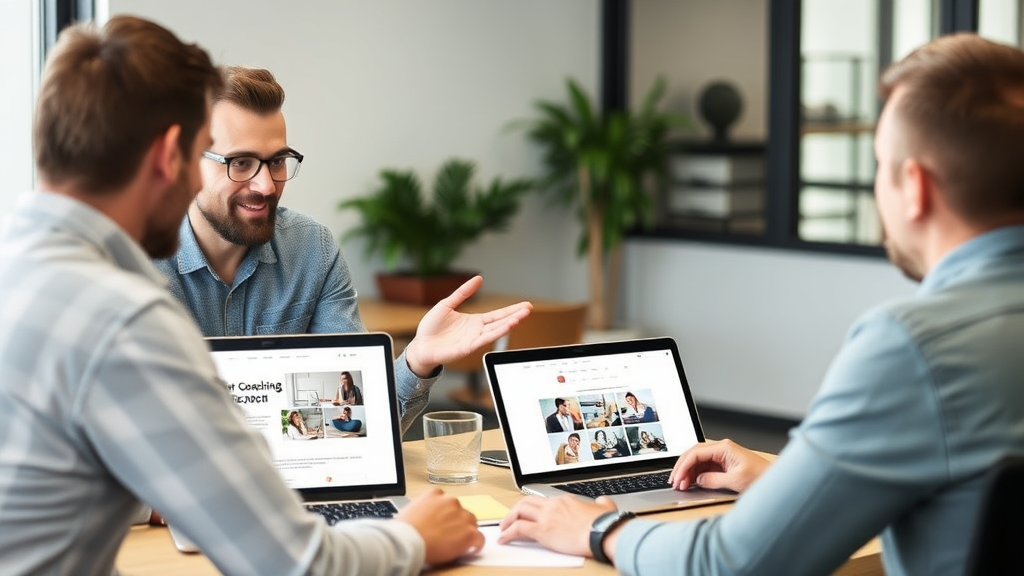 Webdesigner in Tirol berät einen Coach, zeigt Portfolio auf einem Laptop und bespricht Anforderungen für die Optimierung der Coaching-Website.