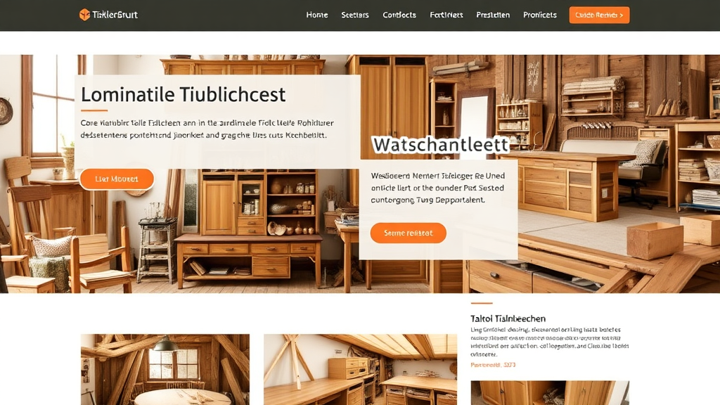 Website-Layout eines Tischlerbetriebs in Tirol mit professionellen Fotos von Möbeln, Werkstattansichten und aussagekräftigen Texten über Dienstleistungen und Kundenbewertungen.