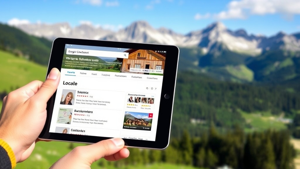 Dachdeckerbetrieb in Tirol mit Gebirgen im Hintergrund, Website auf einem Tablet, das lokale Suchergebnisse und positive Kundenbewertungen zeigt.
