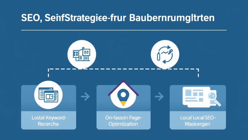 Grafik, die die SEO-Strategie für Bauunternehmen zeigt, mit Elementen wie Keyword-Recherche, On-Page-Optimierung und lokale SEO-Maßnahmen zur Sichtbarkeitssteigerung.