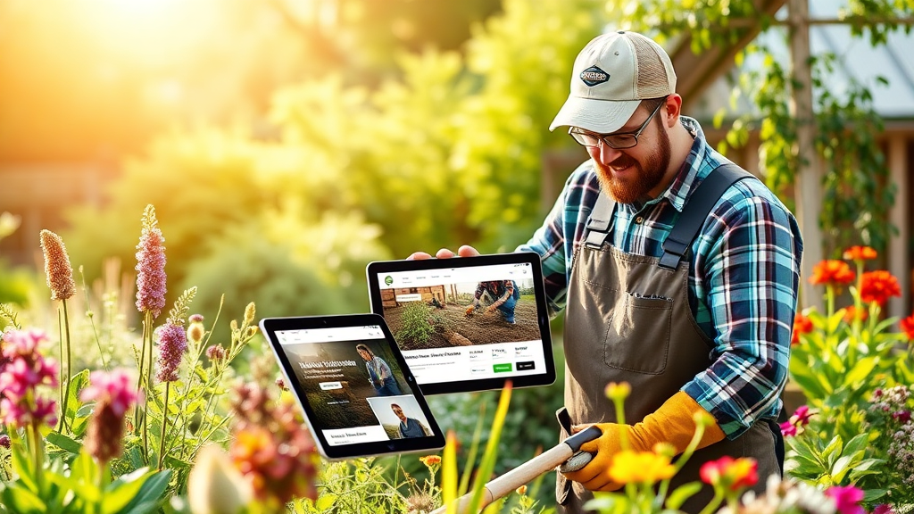 Illustration eines professionellen Gärtners in Tirol, der an einem Garten arbeitet, umgeben von lokalen Pflanzen und einer optimierten Website auf einem Tablet.