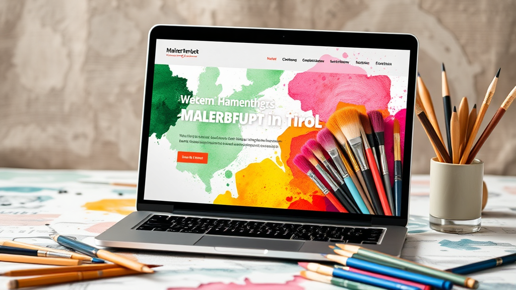 Malerbetrieb in Tirol mit ansprechender Website, dargestellt auf einem Laptop-Bildschirm, umgeben von Farbmustern und Pinselwerkzeugen.