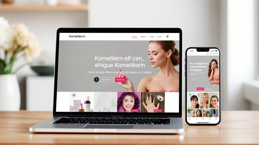 Modern gestaltete Website für eine Kosmetikerin in Tirol, auf einem Laptop und Smartphone angezeigt, mit ästhetischen Bildern und einfacher Navigation.