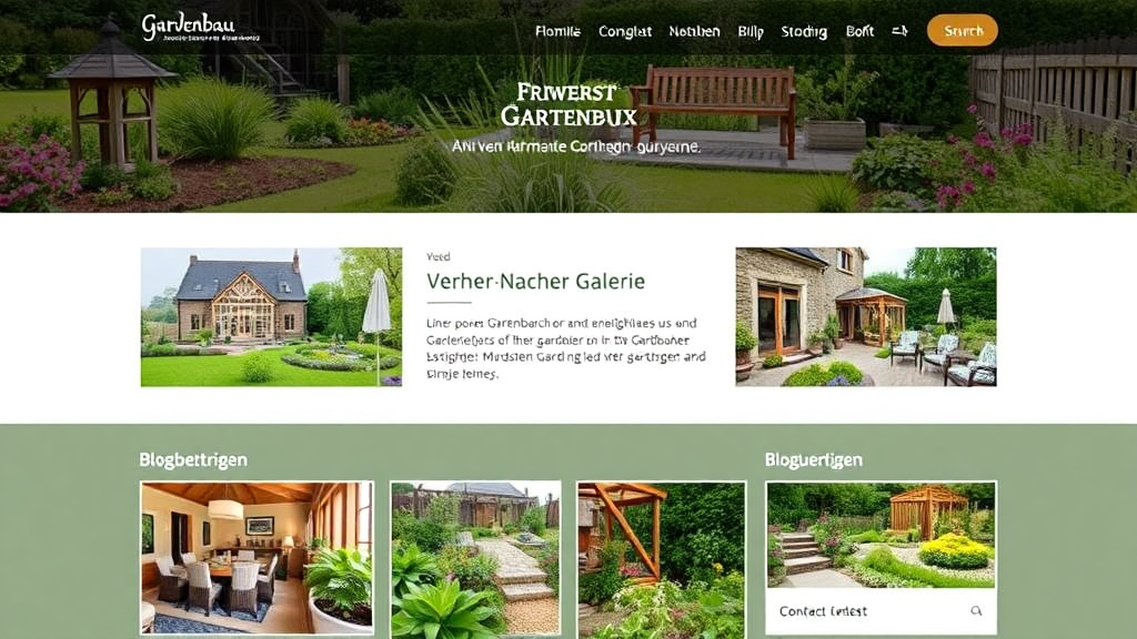 Screenshot einer ansprechenden Gartenbau-Website mit hochwertigen Bildern von Gartenprojekten, Vorher-Nachher-Galerie, Blogbeiträgen und klaren Kontaktmöglichkeiten.