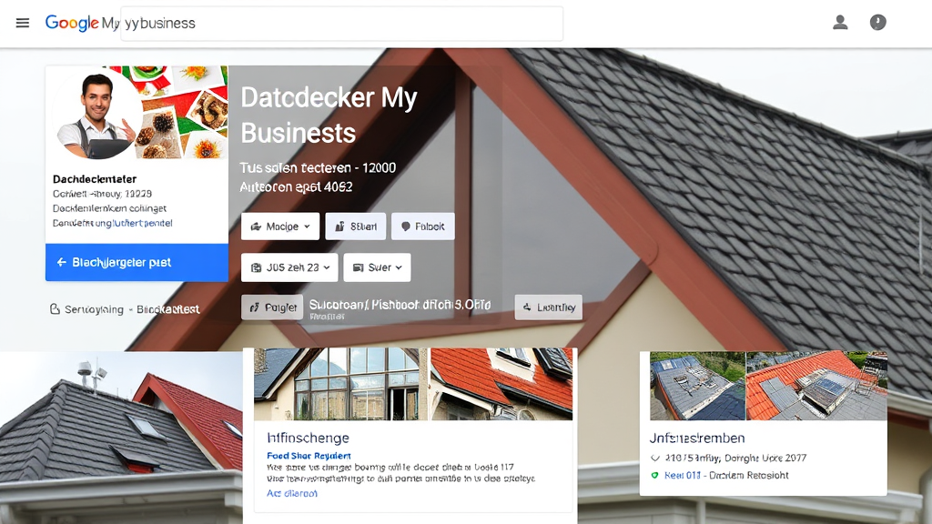 Screenshot einer optimierten Google My Business-Seite eines Dachdeckerbetriebs mit Kontaktdaten, Öffnungszeiten, Bildern von Projekten und positiven Kundenbewertungen.