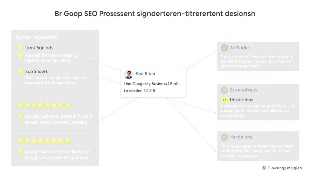 Visualisierung des lokalen SEO-Prozesses für Eventagenturen in Tirol, einschließlich Google My Business-Profil, lokale Keywords und Kundenbewertungen.