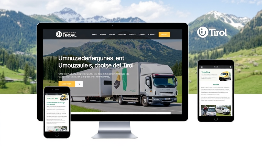Website eines Umzugsunternehmens in Tirol mit responsivem Design, das auf Desktop, Tablet und Smartphone eine benutzerfreundliche Navigation und klare Information darstellt.